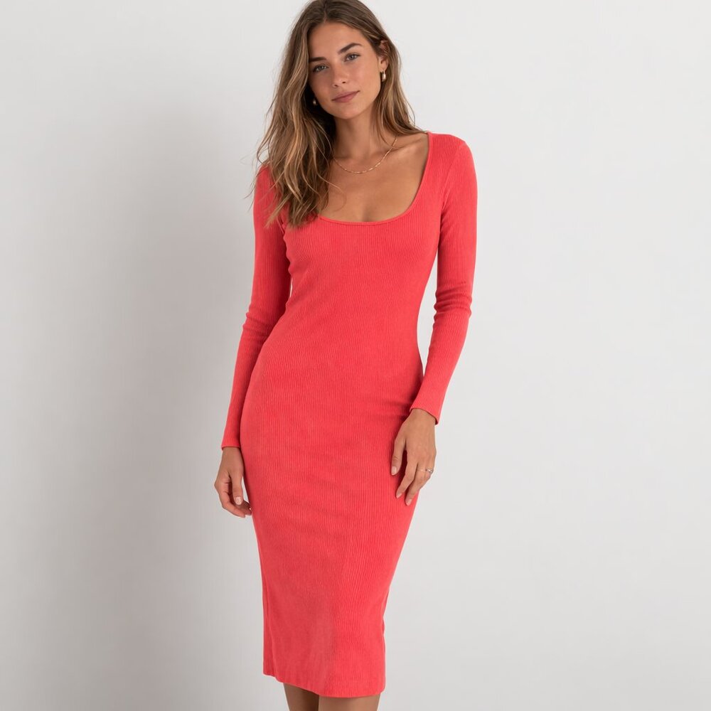 NWT Monrow Ribbed Bodycon Midi Dress Coral Pink Scoop Neck Long Sleeve M